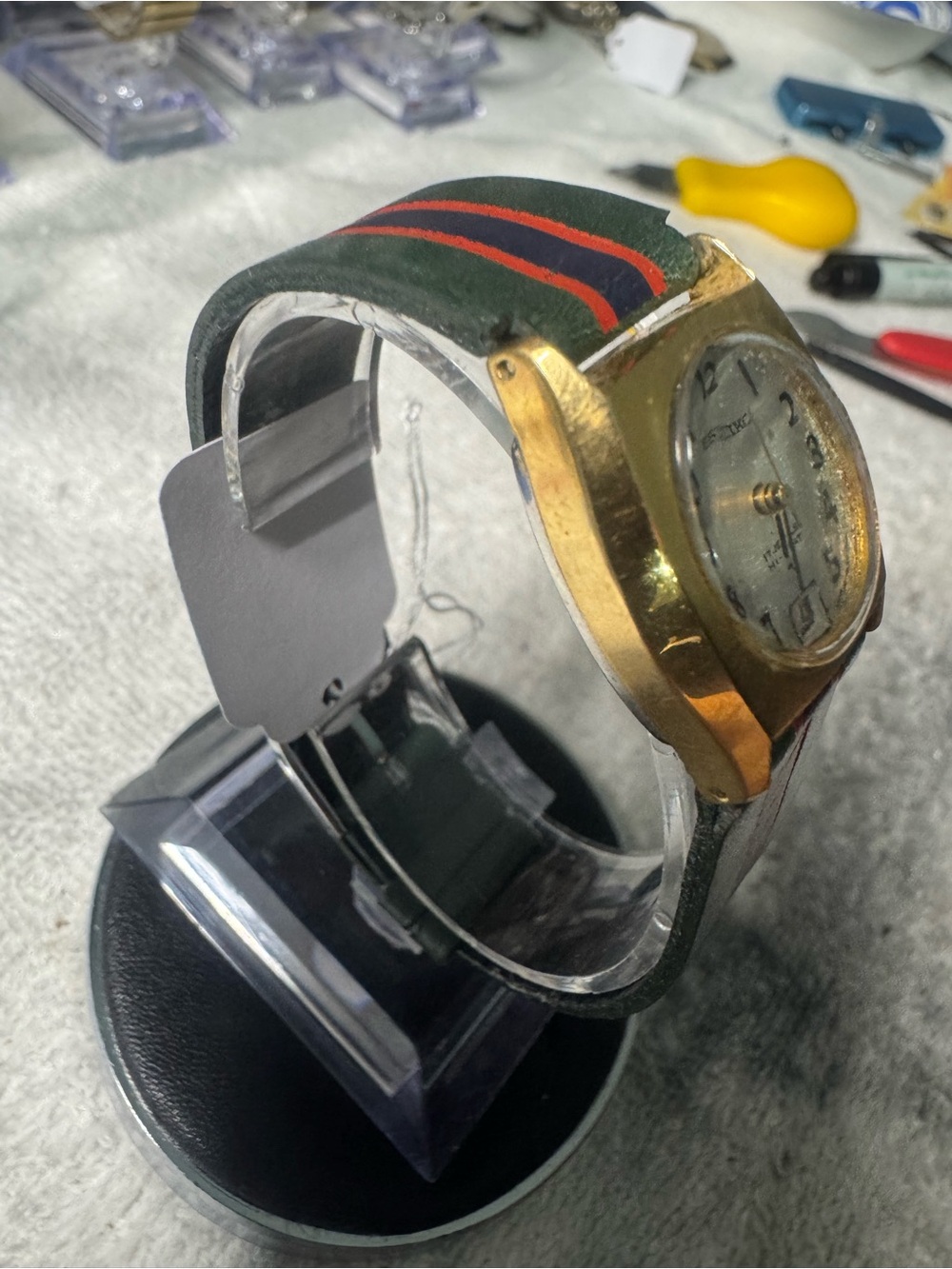 Seiko Gold-Tone Analog Watch with Green and Red Stripe Strap - Picture 6 of 8